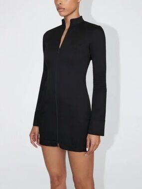Minimalist Black Zip-Front Long-Sleeve Mini Dress